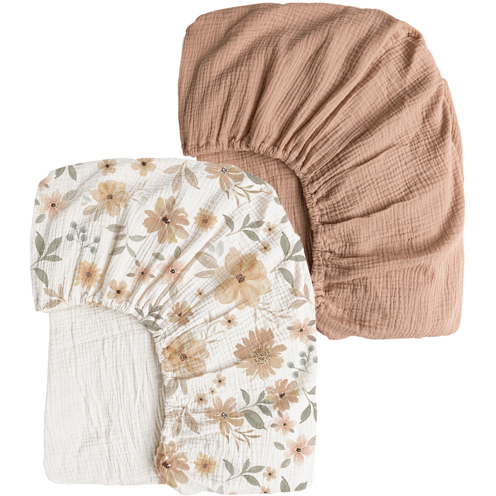Konssy Muslin Crib Sheets Toffee Flourish 2pc offer soft, breathable comfort for baby.