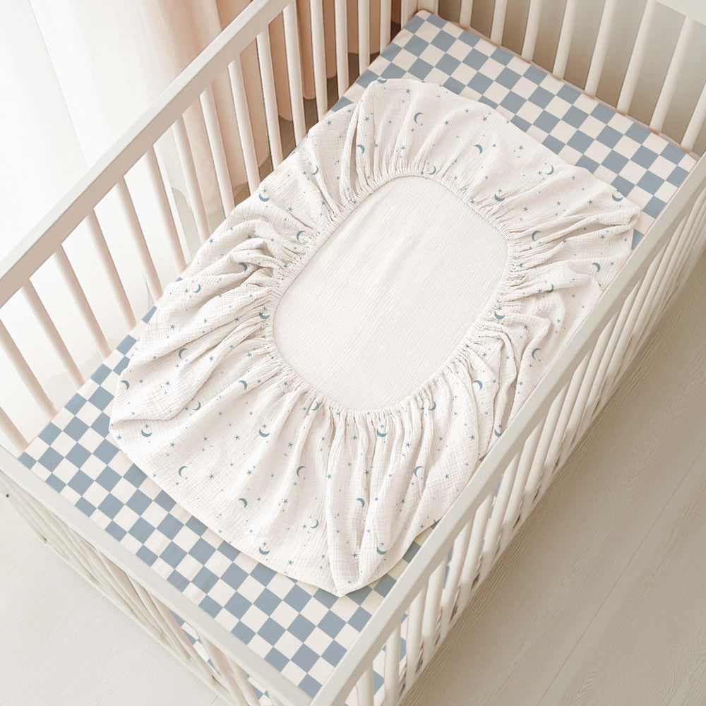 Konssy Muslin Crib Sheets 2-pack—easy care and fade-resistant for busy nurseries.