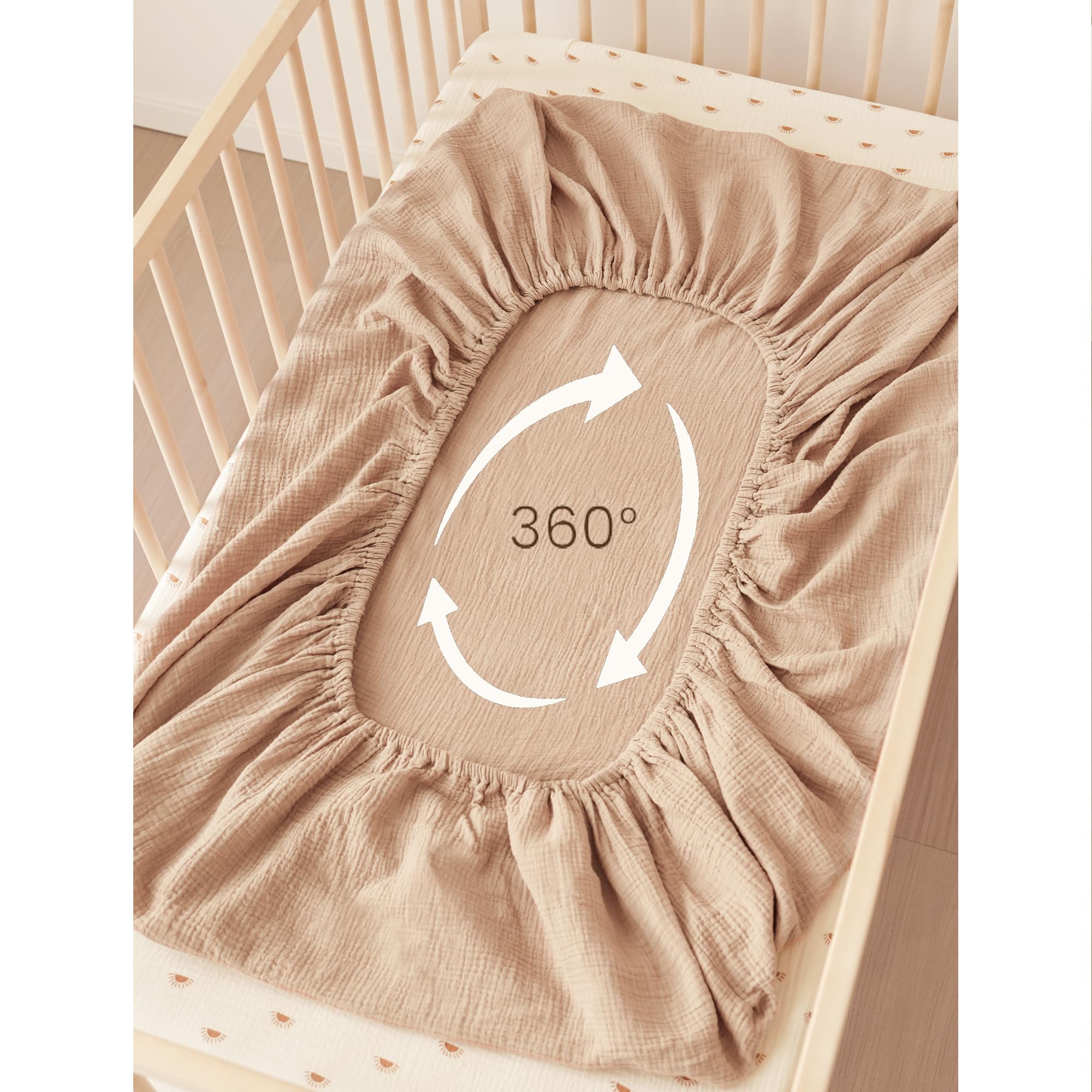 Konssy crib sheets feature unisex prints Camel and Sun for nursery style.