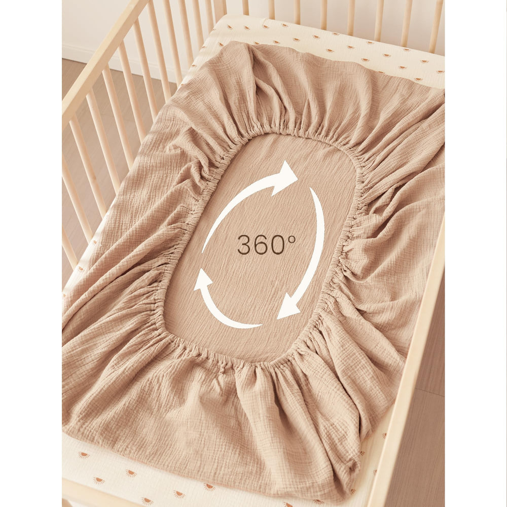 Konssy crib sheets feature unisex prints Camel and Sun for nursery style.