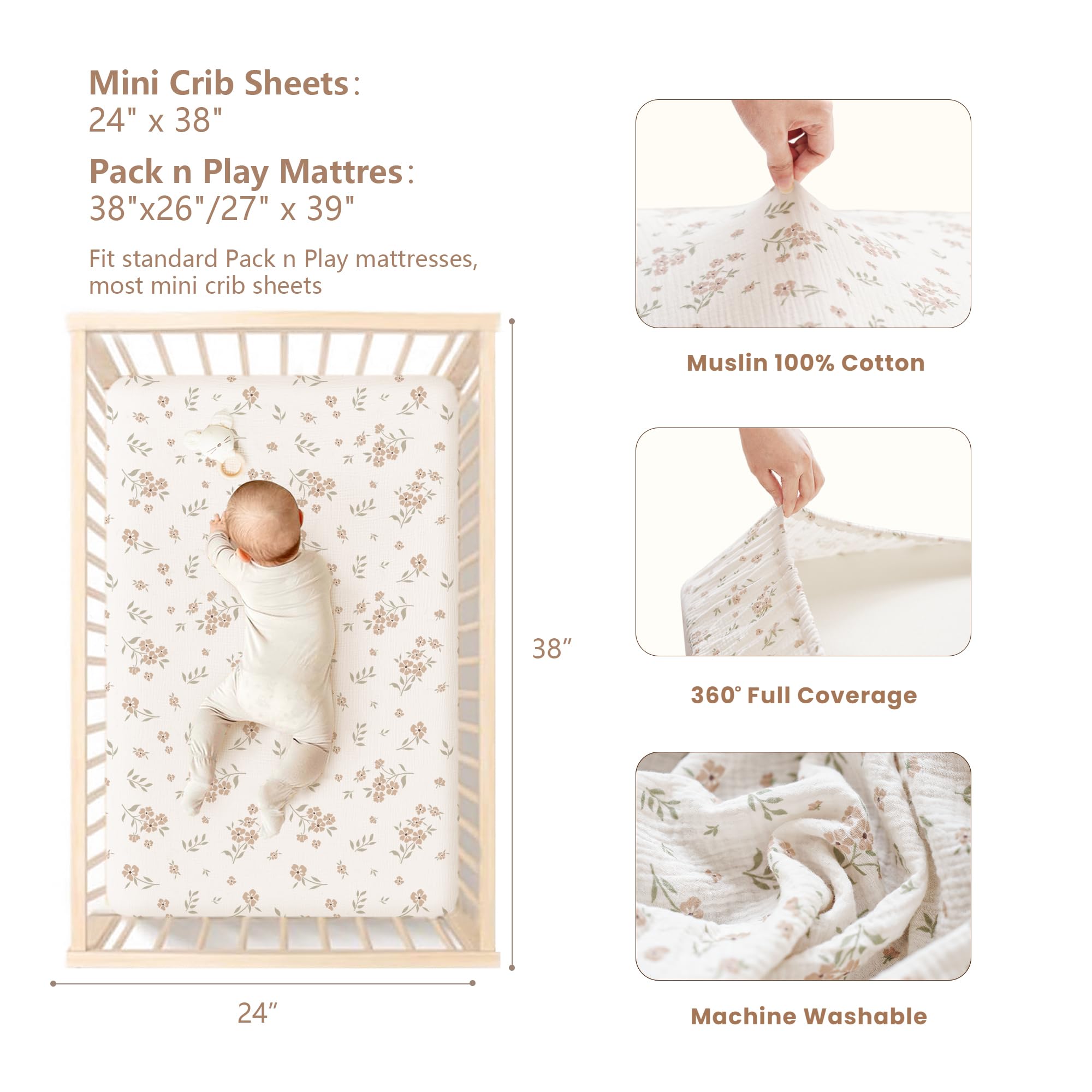 Konssy muslin mini crib sheets fit 38 x 24 Pack N Play mattresses securely.