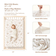 Konssy muslin mini crib sheets fit 38 x 24 Pack N Play mattresses securely.