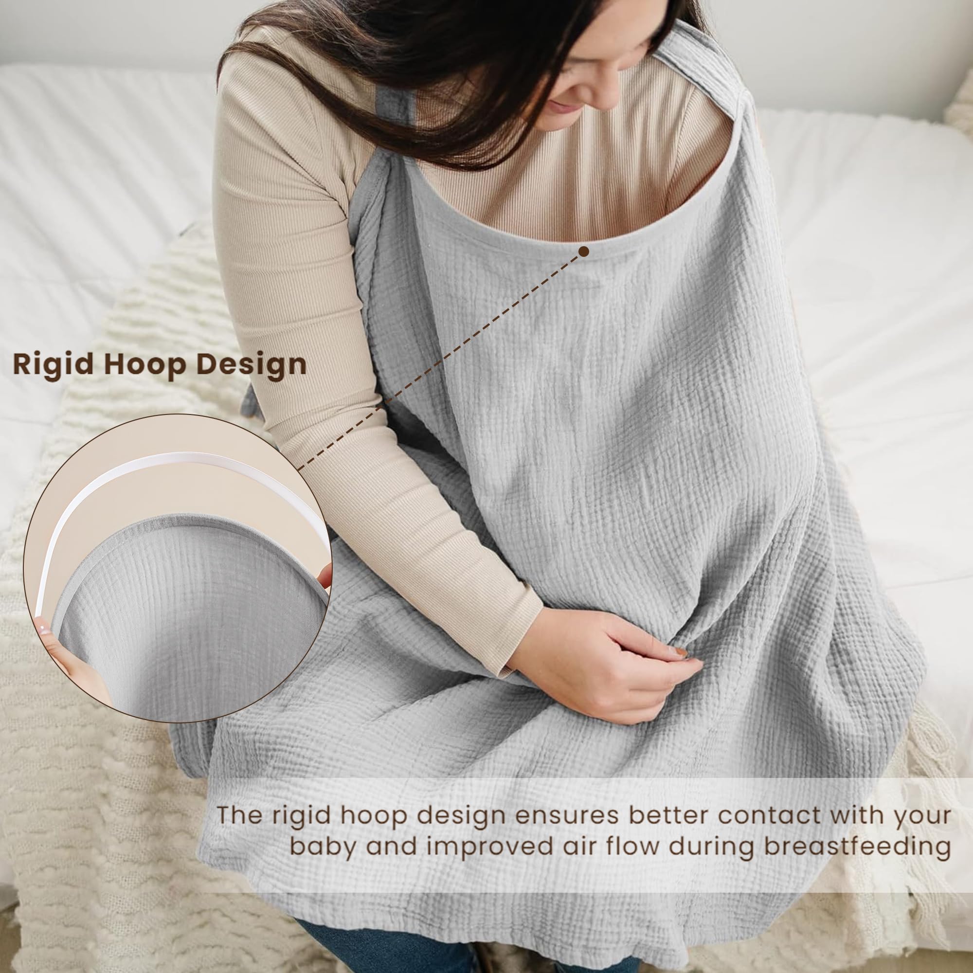 Konssy Muslin nursing cover adjustable neckband for a customizable, comfortable fit.