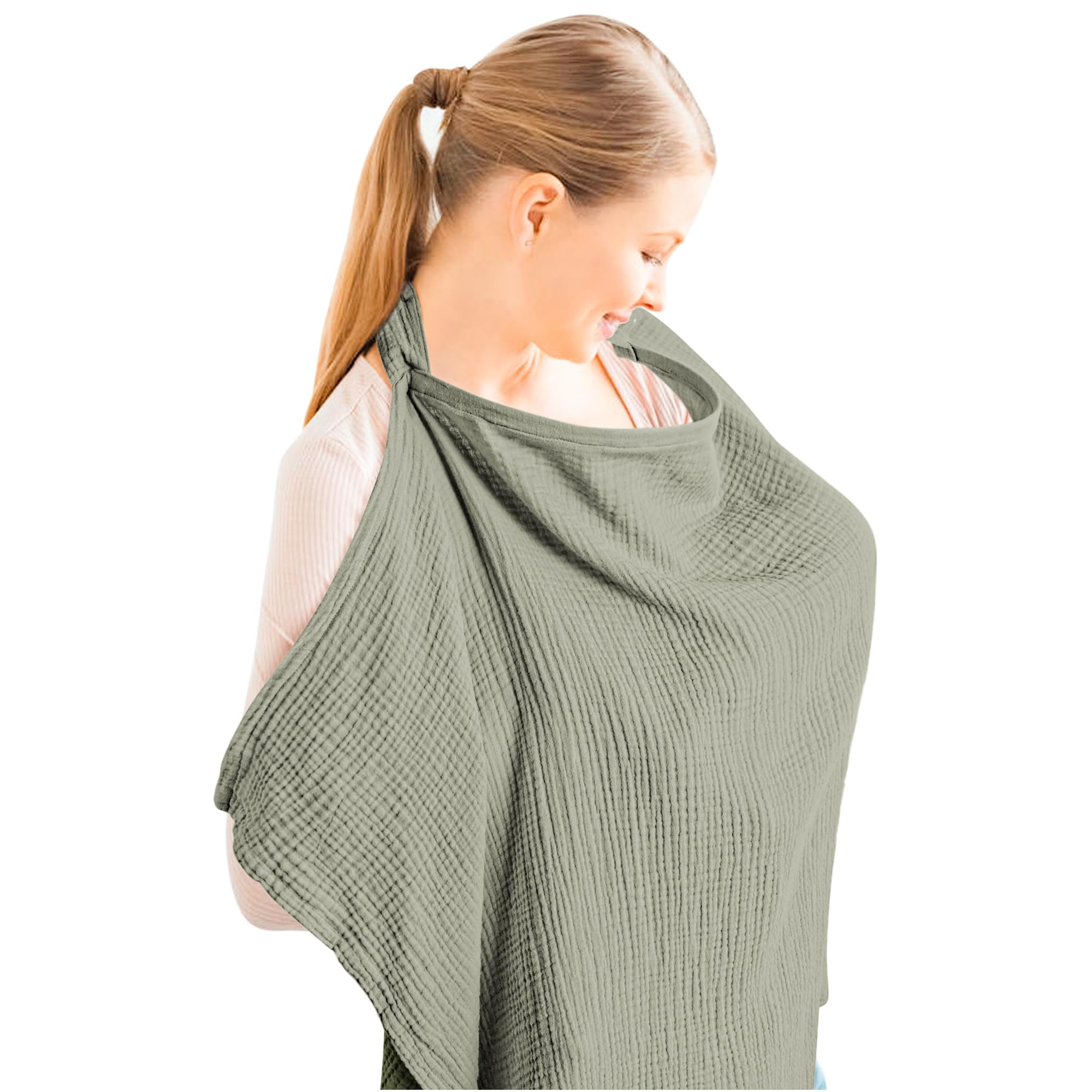 Konssy muslin nursing cover shows breathable fabric for comfortable breastfeeding sessions.