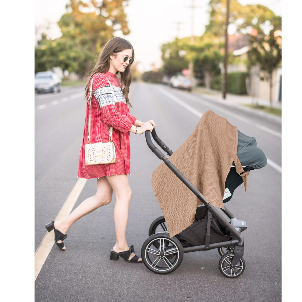 Konssy nursing cover brown multi-use canopy for feeding and travel.
