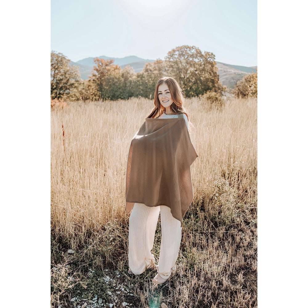 Konssy nursing cover brown stylish design boosts mom confidence while nursing.