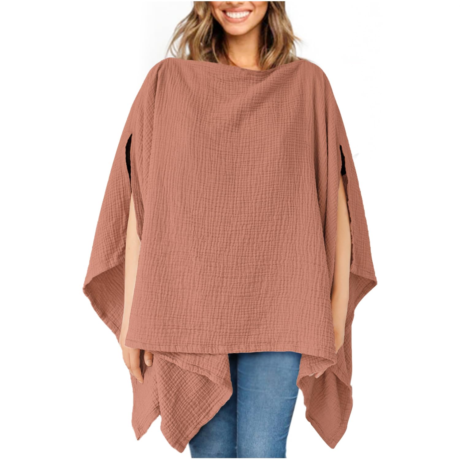 Konssy Muslin Nursing Cover front view in Chestnut shows 360° privacy for breastfeeding.