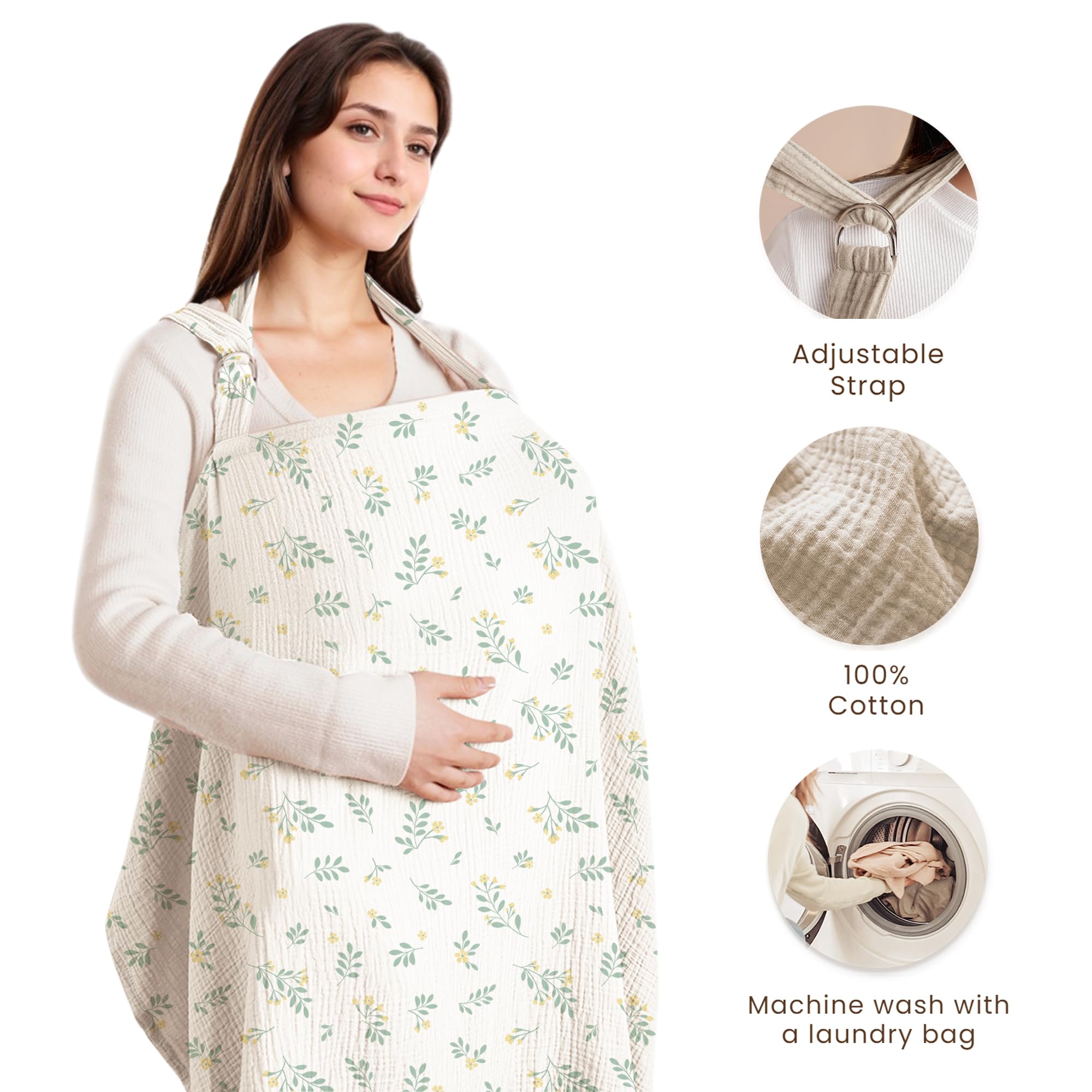 Konssy Muslin Nursing Cover Leafy Rigid Hoop provides easy air circulation and baby visibility.