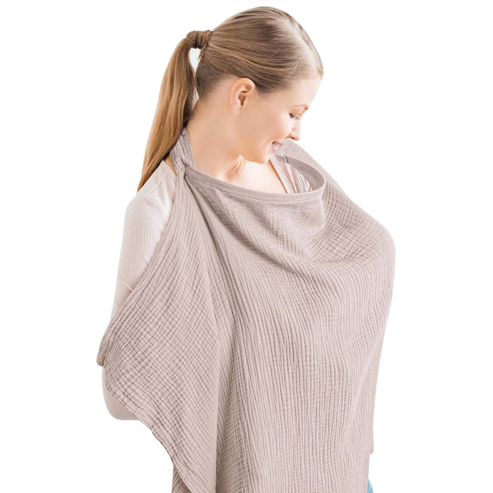 Konssy muslin nursing cover on mom for private breastfeeding in public