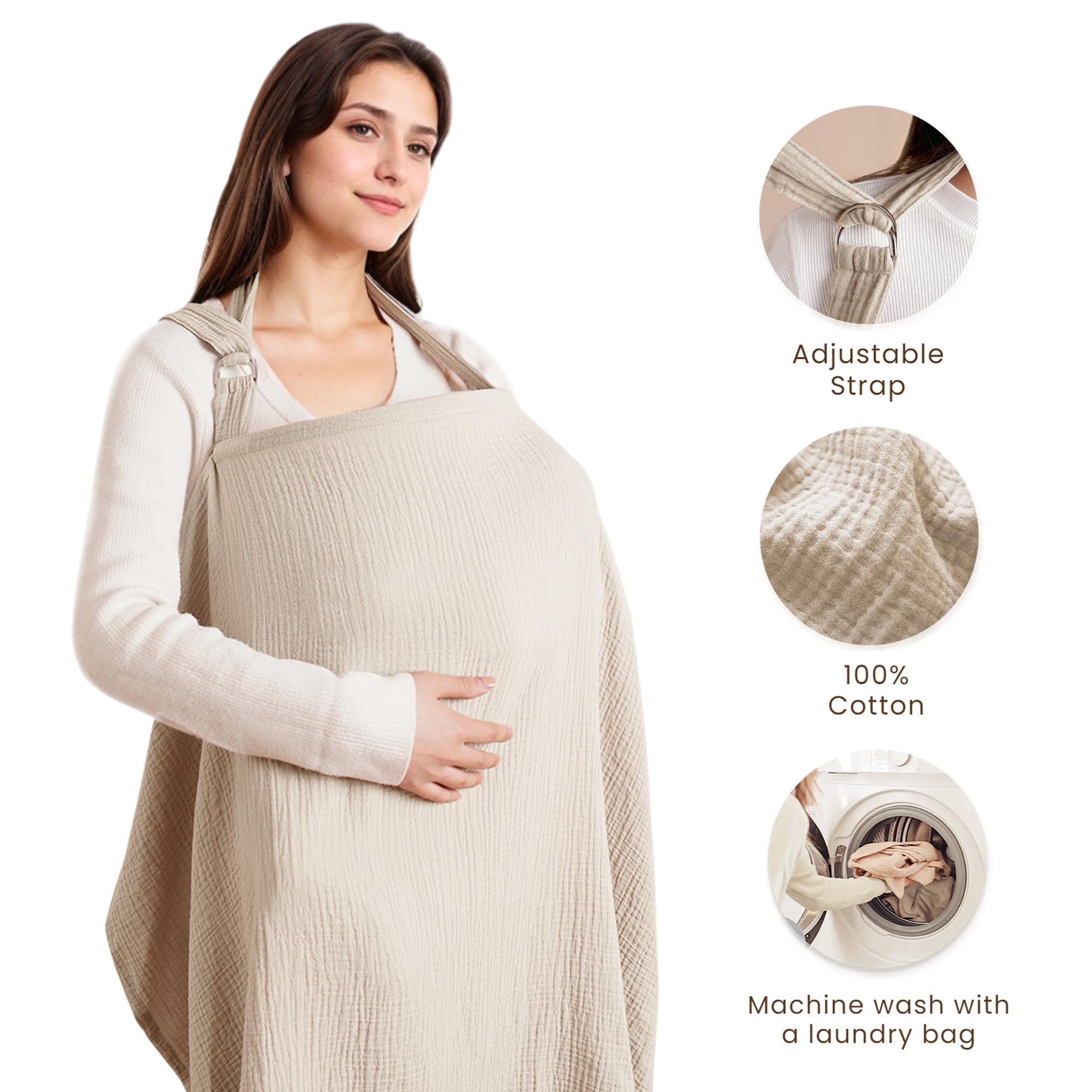 Konssy Muslin Nursing Cover with rigid hoop closeup showing breathable design and easy baby eye contact.