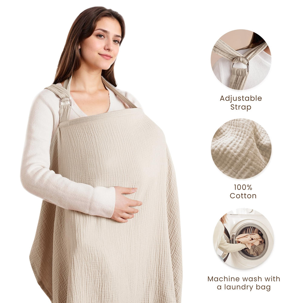 Konssy Muslin Nursing Cover with rigid hoop closeup showing breathable design and easy baby eye contact.