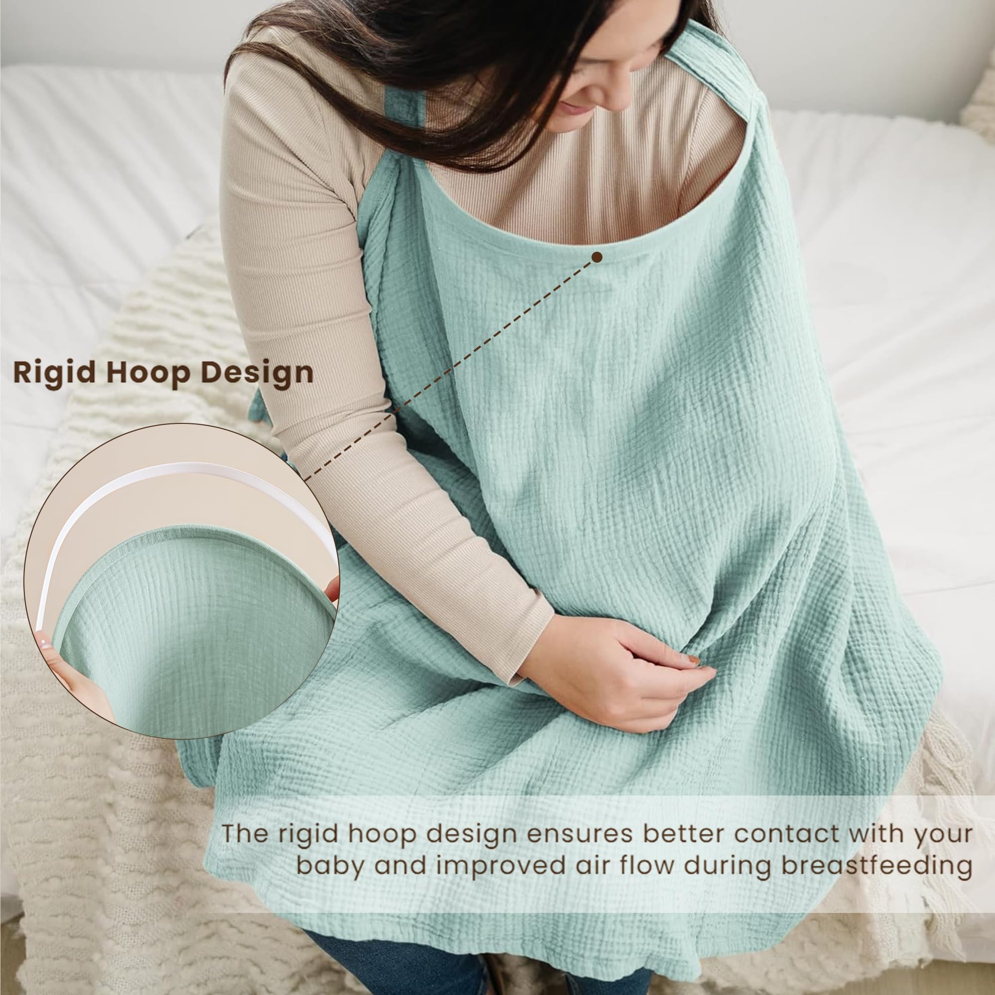 Konssy Muslin nursing cover rigid hoop closeup shows adjustable comfort during feeds.