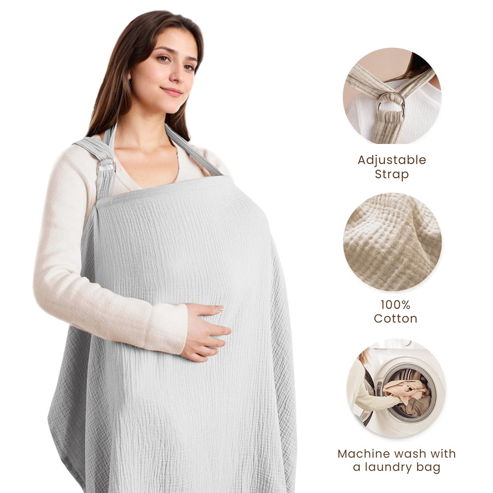 Konssy Muslin nursing cover rigid hoop closeup showing open neckline for baby visibility.