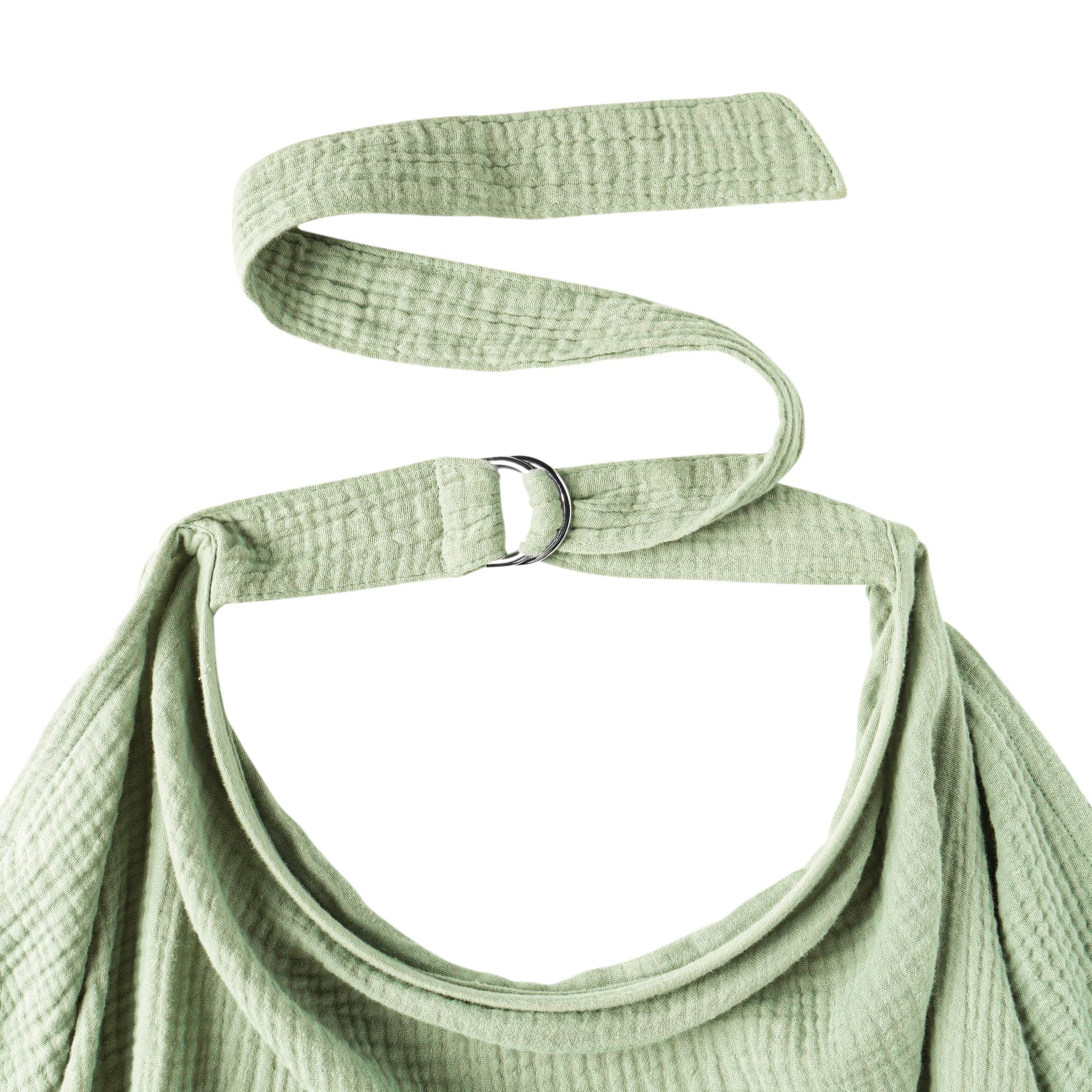 Adjustable neckband on Konssy sage nursing cover for comfortable fit.