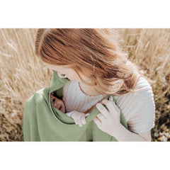 Close-up of Konssy sage fabric highlighting soft, color-fast muslin.