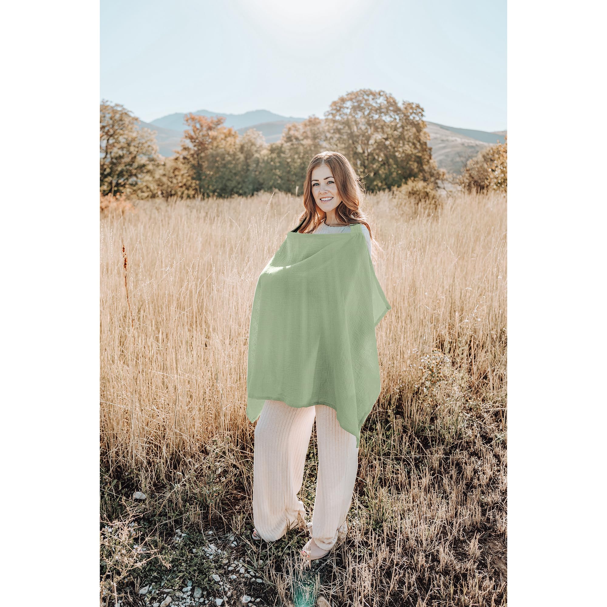 Model using Konssy sage nursing cover as stroller shield.