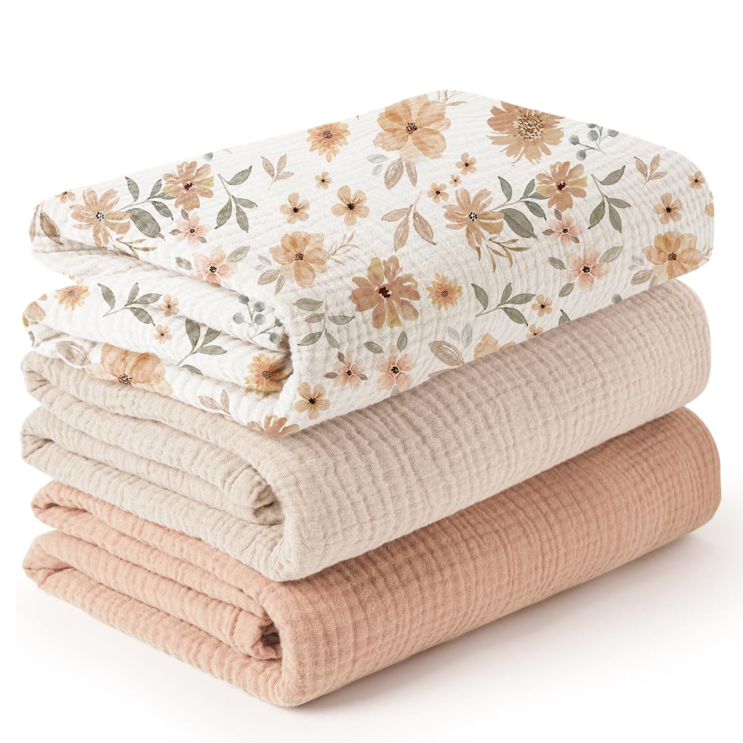Konssy muslin swaddle 3-pack front view showing unisex color options for everyday comfort.