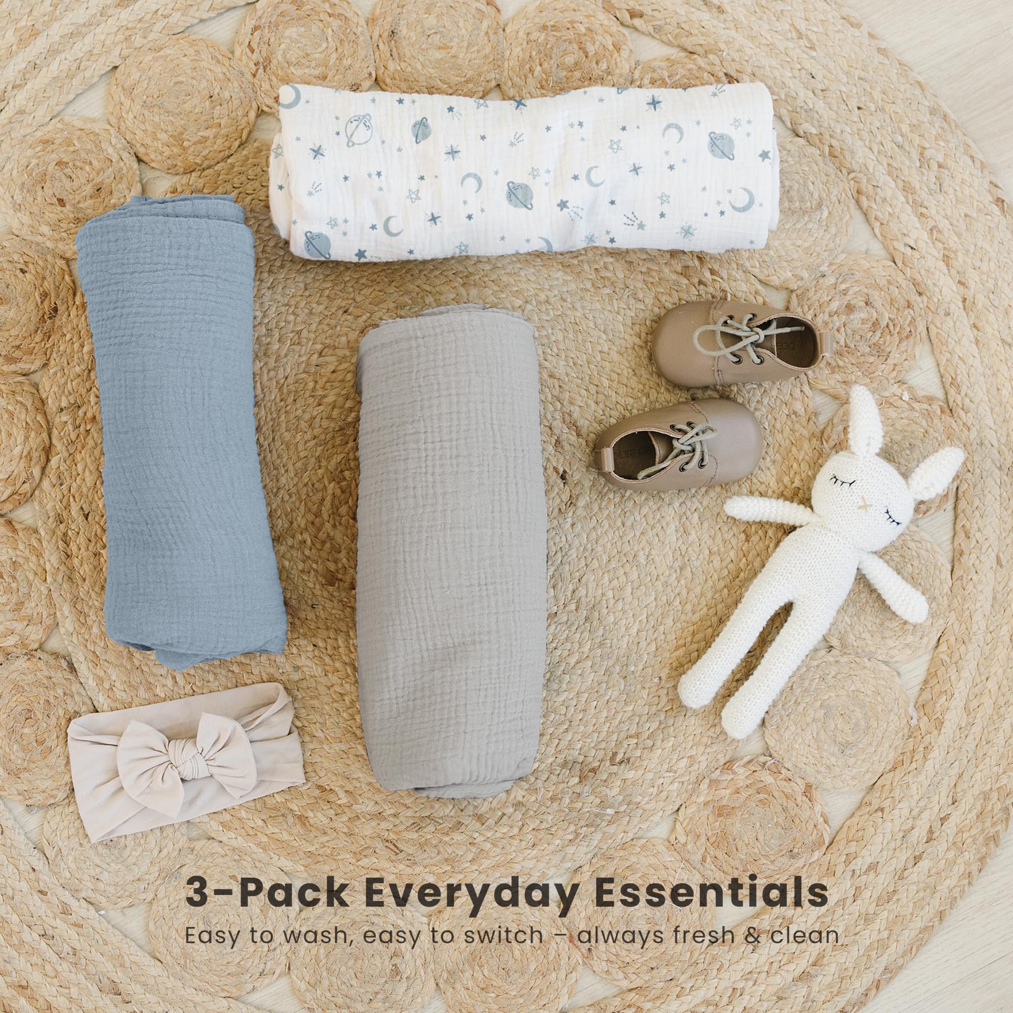 Konssy muslin swaddle blanket color pack shown as photography prop.