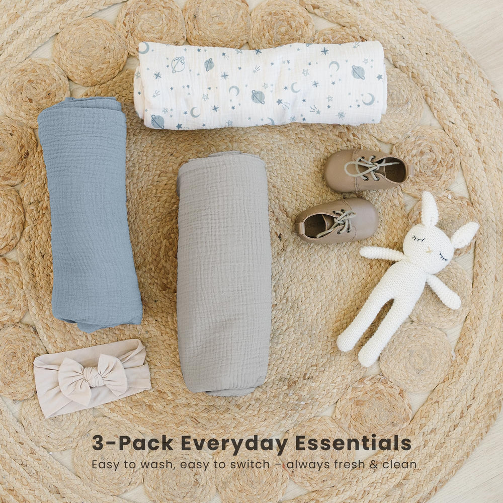 Konssy muslin swaddle blanket color pack shown as photography prop.