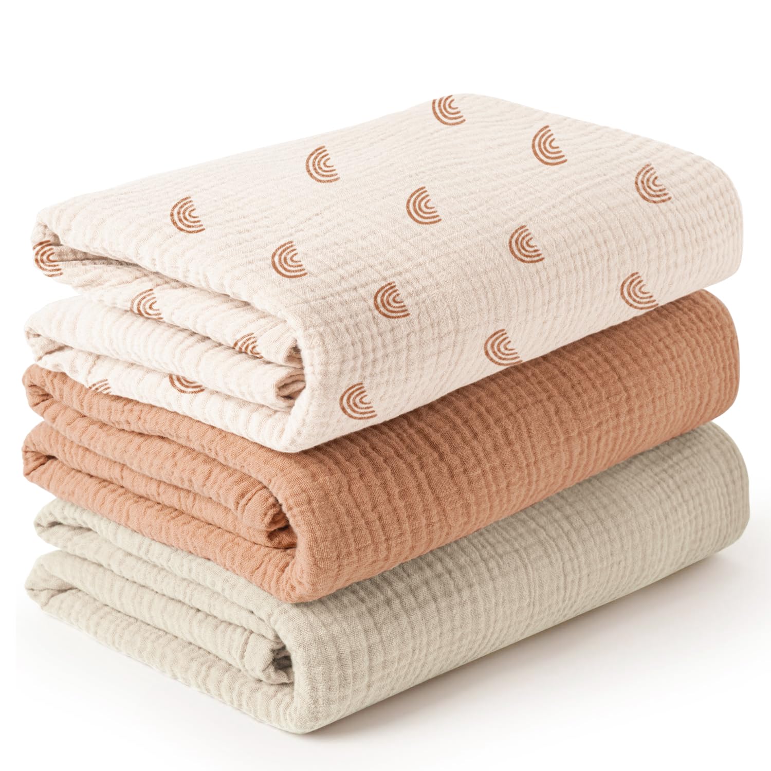 Konssy muslin swaddle blankets 3-pack fabric close-up shows breathable cotton and color retention after washing