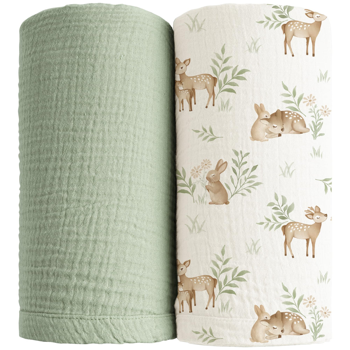 Konssy muslin swaddle blankets folded in woodland-sage colors for soft, breathable newborn coziness.