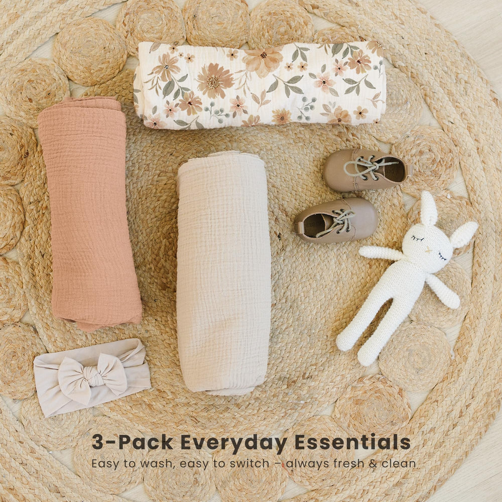 Konssy muslin swaddle color trio laid out to showcase bold, versatile hues.