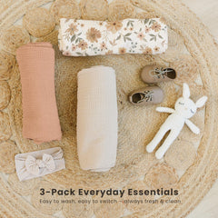Konssy muslin swaddle color trio laid out to showcase bold, versatile hues.