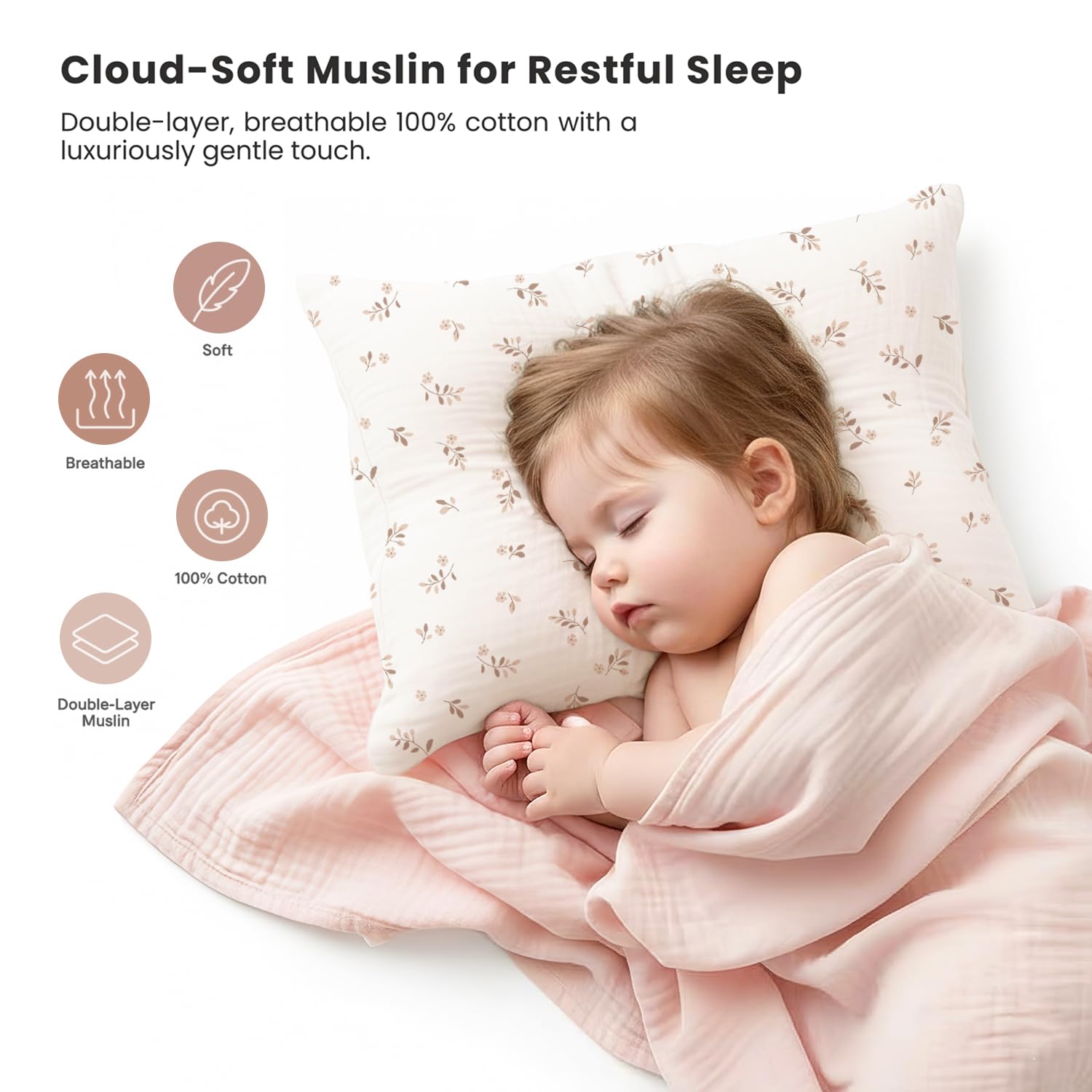 Konssy Muslin Toddler Pillowcase brown leaf design with gentle texture
