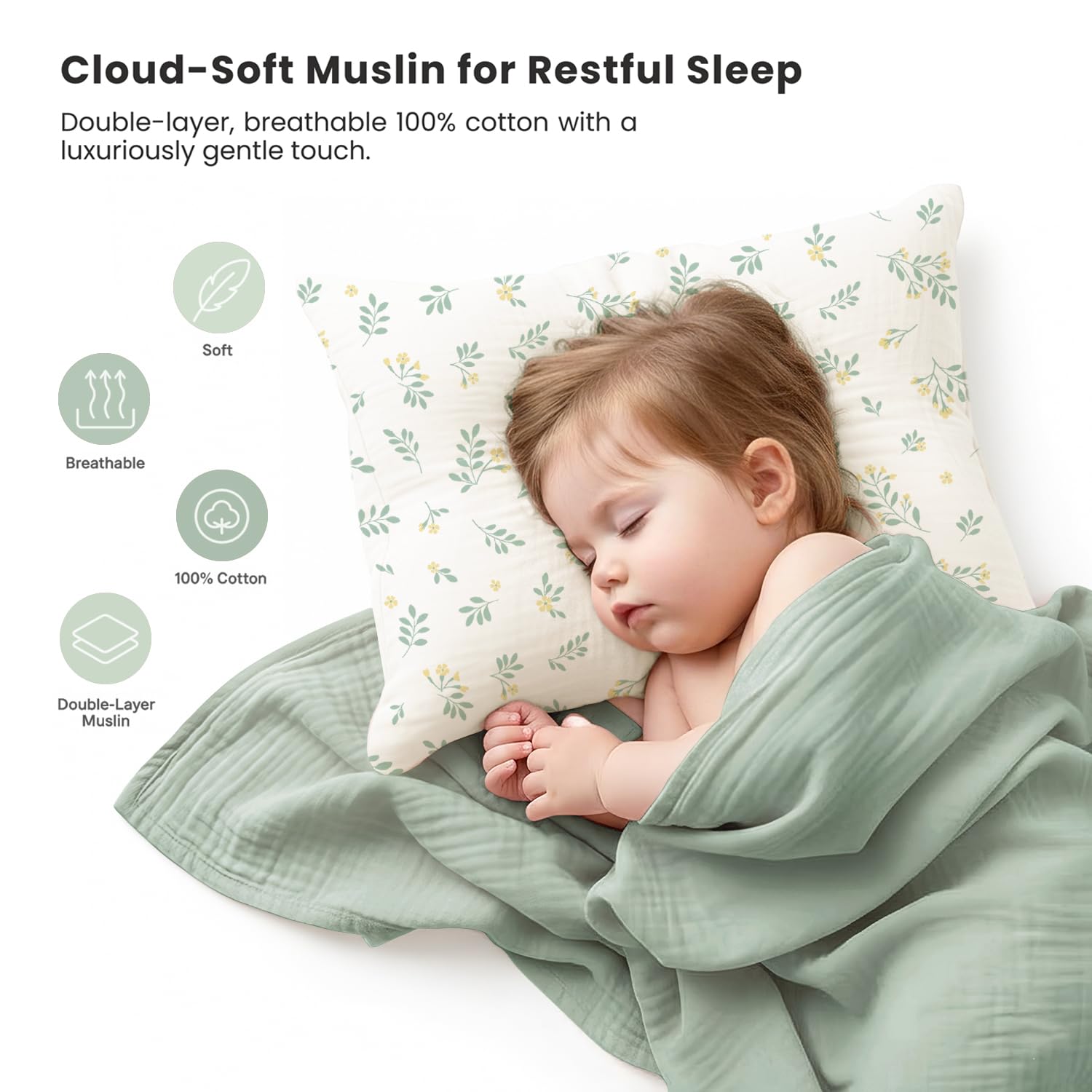 Close-up of Konssy muslin toddler pillowcase showing soft cotton texture