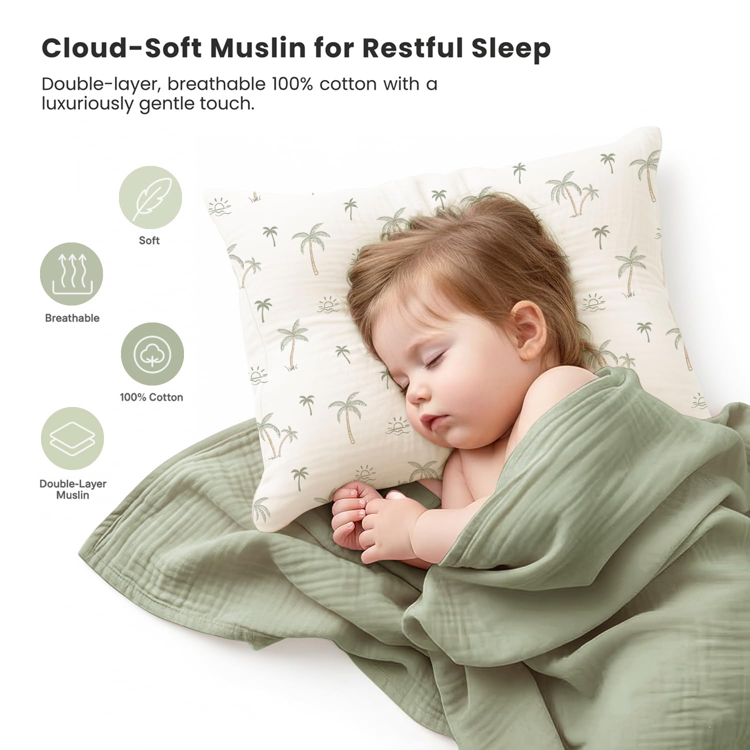 Konssy Muslin Toddler Pillowcase in tree green fabric delivers skin friendly softness.
