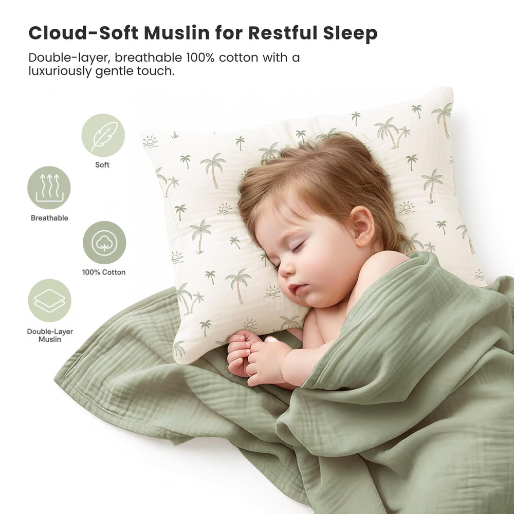 Konssy Muslin Toddler Pillowcase in tree green fabric delivers skin friendly softness.