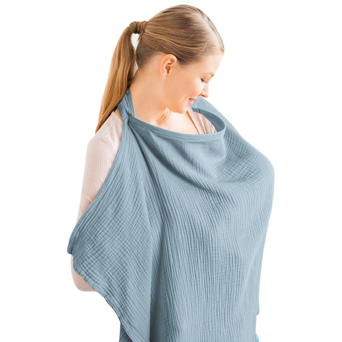 Konssy nursing cover blue full setup shows breathable muslin for comfortable breastfeeding in public