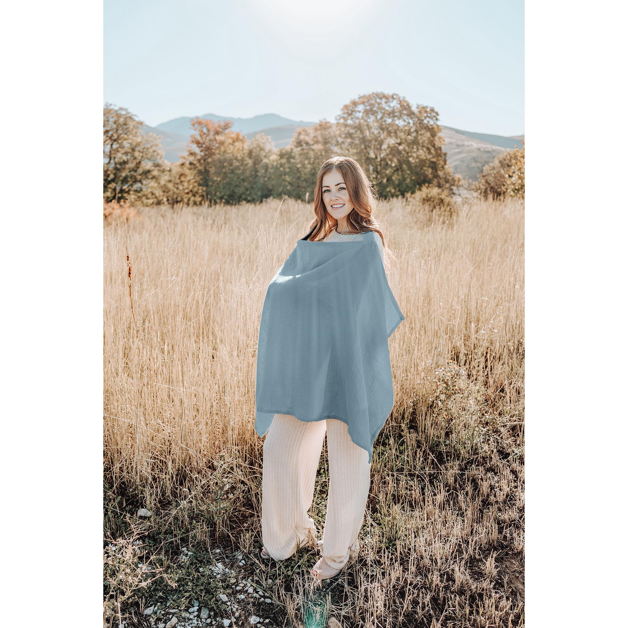 Konssy nursing cover blue muslin fabric closeup showcases soft breathable material