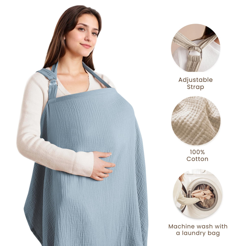 Konssy nursing cover blue neckline hoop demonstrates clear view while breastfeeding