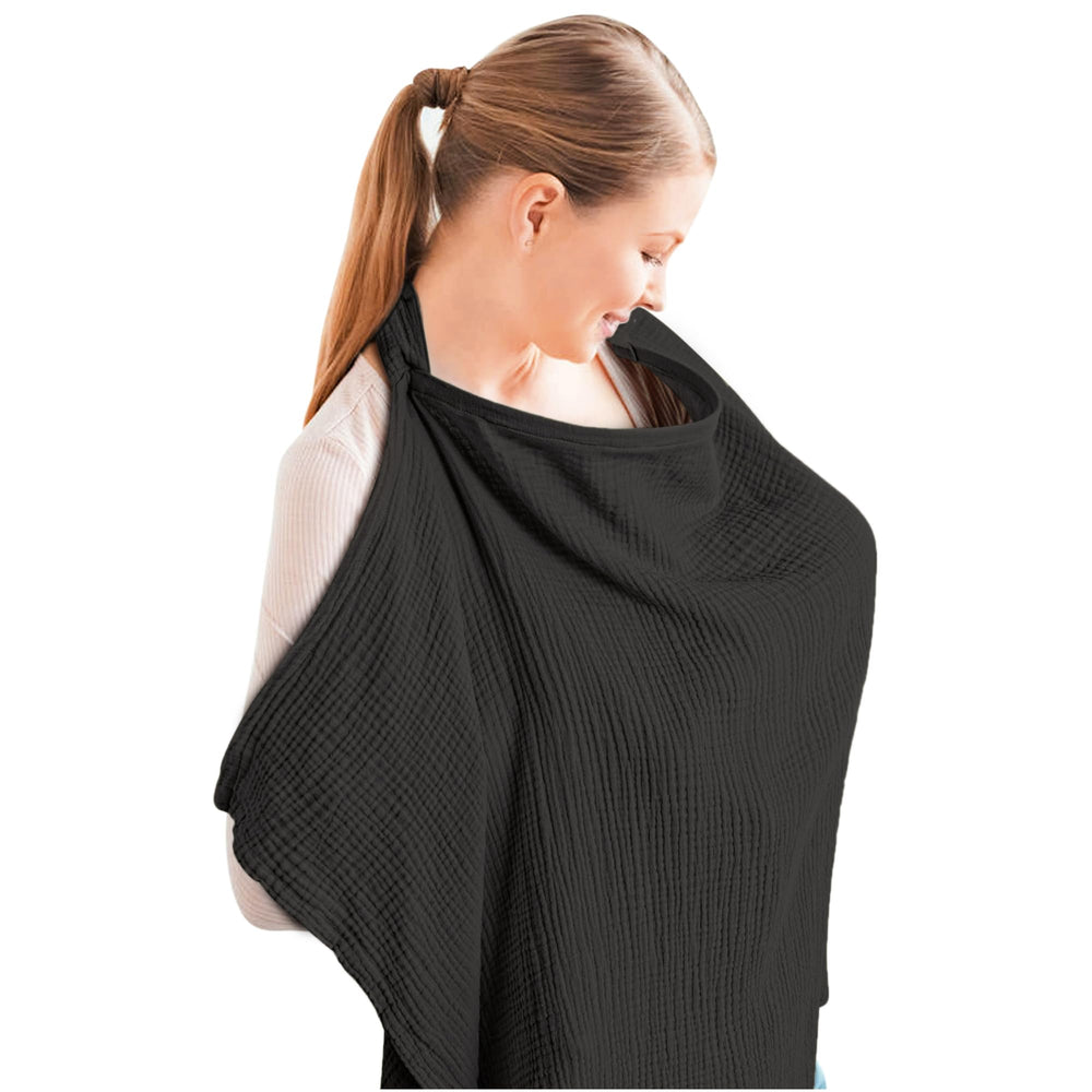 Konssy nursing cover in black with breathable muslin for comfortable feeding privacy.
