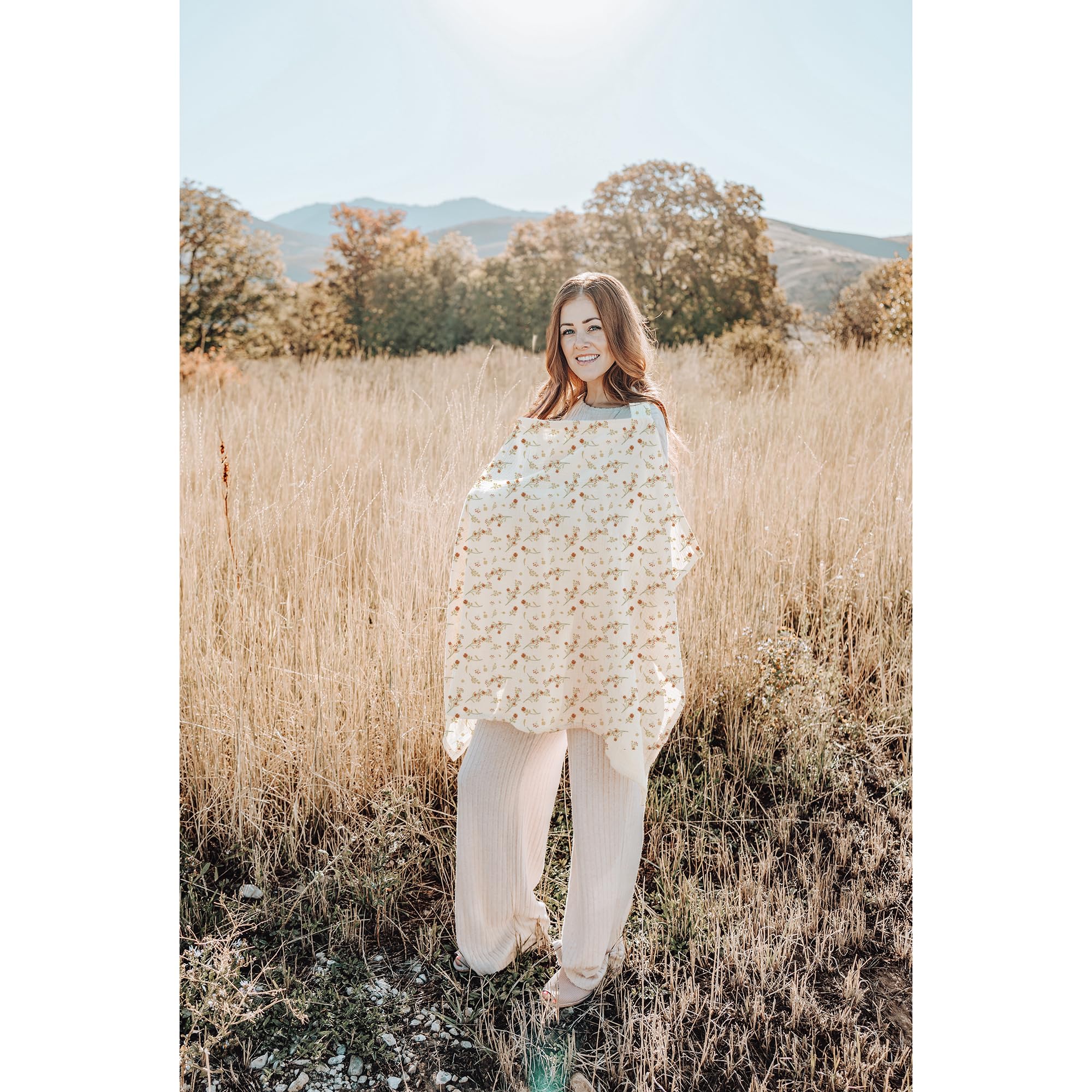 Konssy Muslin Nursing Cover posy design offers stylish, feminine appeal.