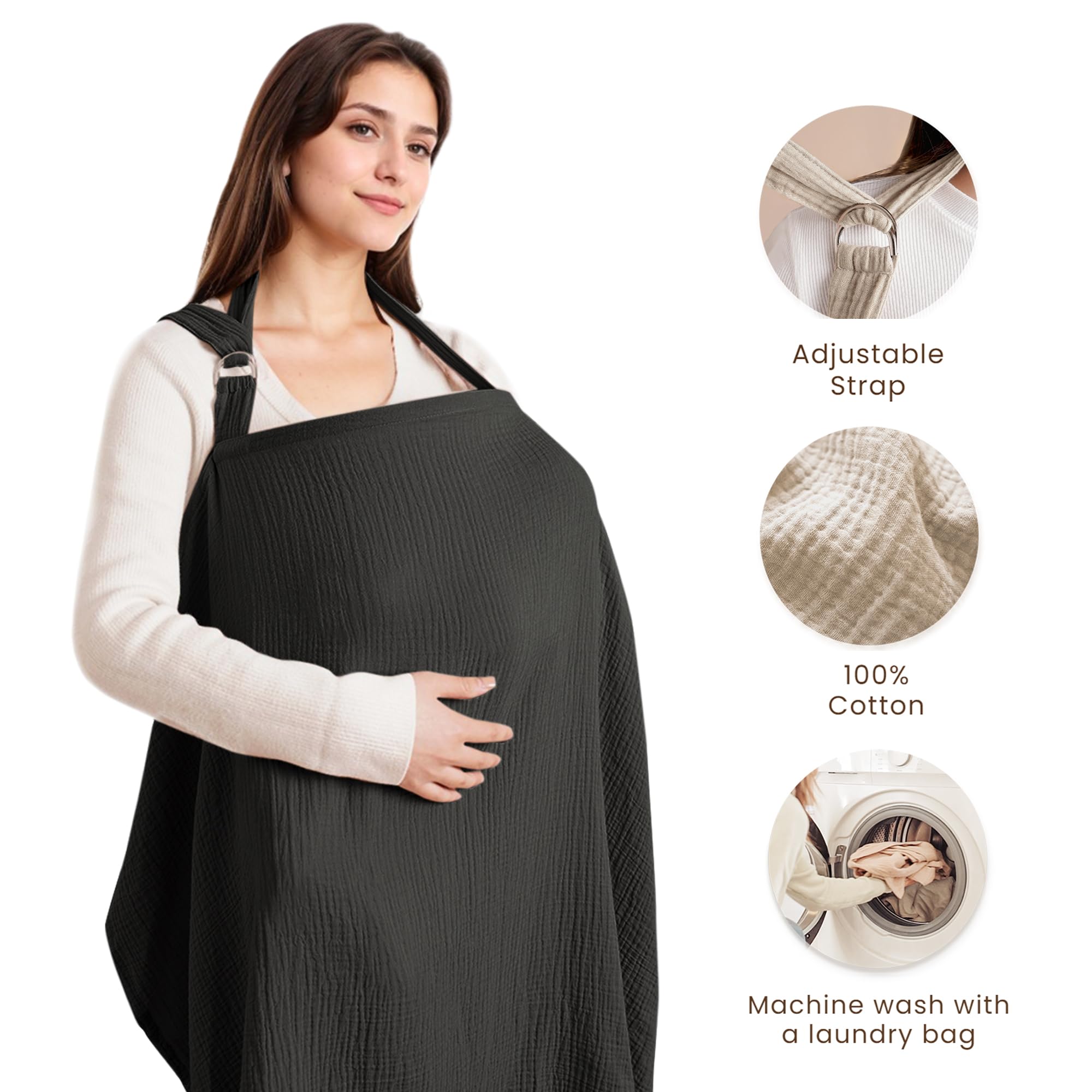 Konssy nursing cover with rigid hoop helps keep baby in view while promoting airflow.