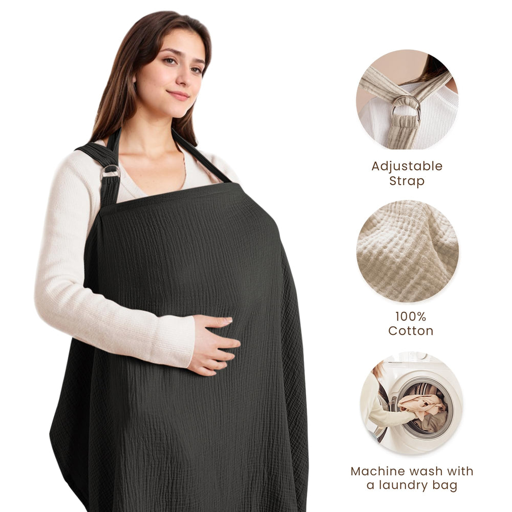 Konssy nursing cover with rigid hoop helps keep baby in view while promoting airflow.