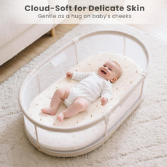 Konssy stretchy bassinet sheets pack3 on mattress with snug elastic edge.