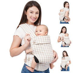 Koohaoo baby carrier shows the M-position hip design for ergonomic hip support.