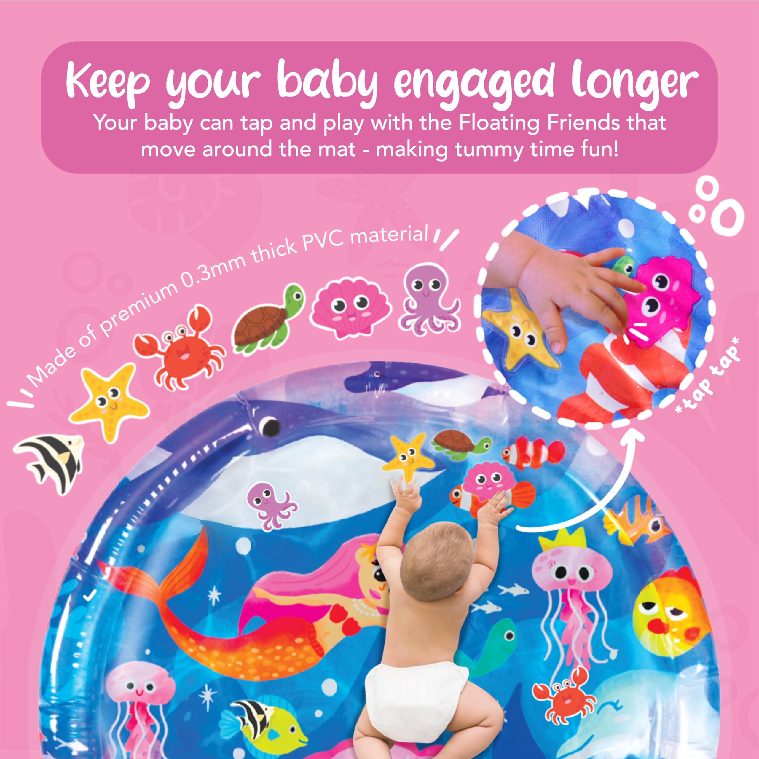 KooKooBaby Water Tummy Time Mat baby in tummy position demonstrates effortless playtime.