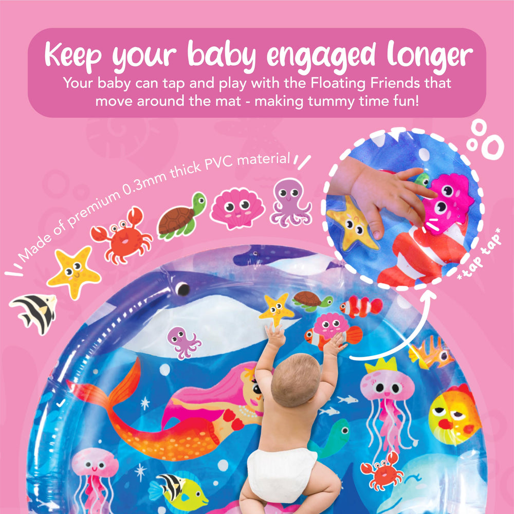 KooKooBaby Water Tummy Time Mat baby in tummy position demonstrates effortless playtime.
