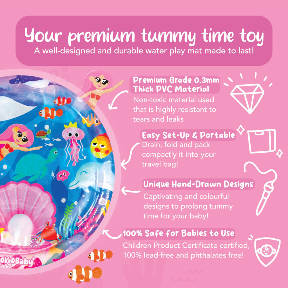 KooKooBaby Water Tummy Time Mat thick PVC closeup communicates durability and safety.