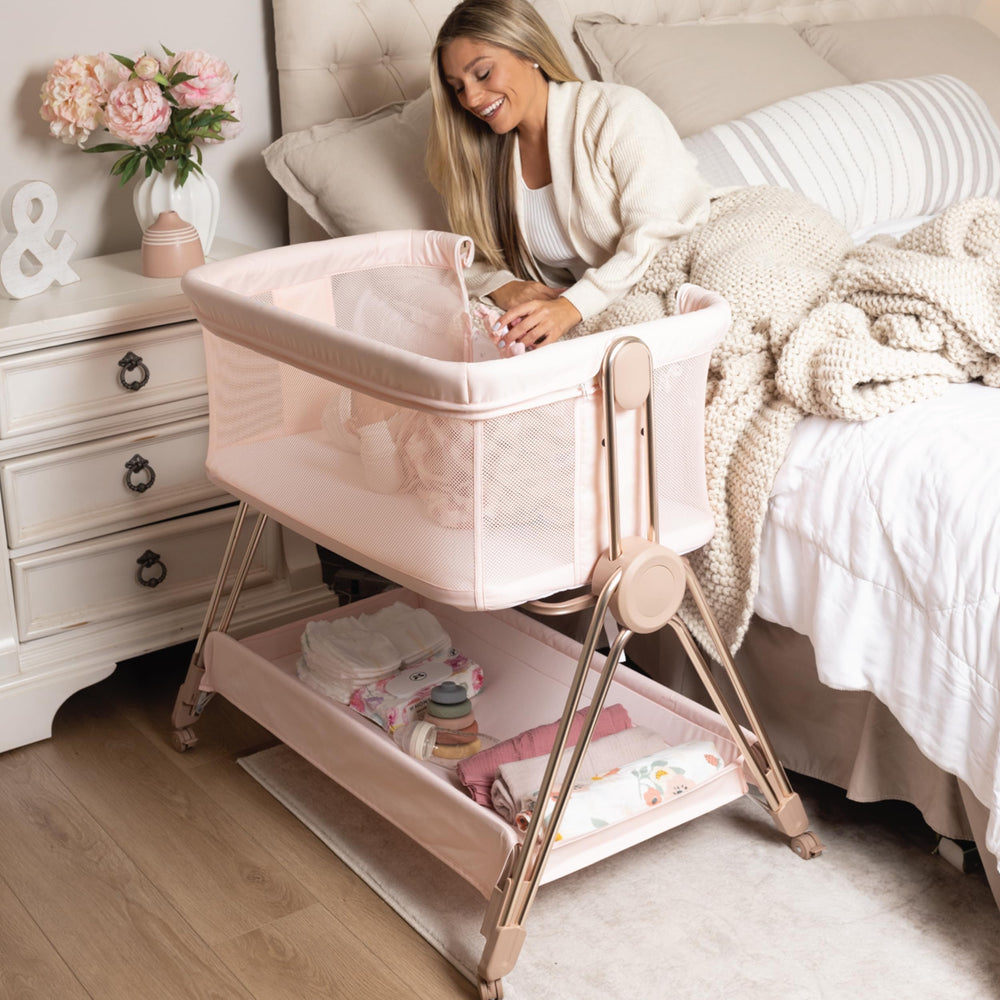 KOOLABABY bedside sleeper assembled in side view for easy nighttime access.