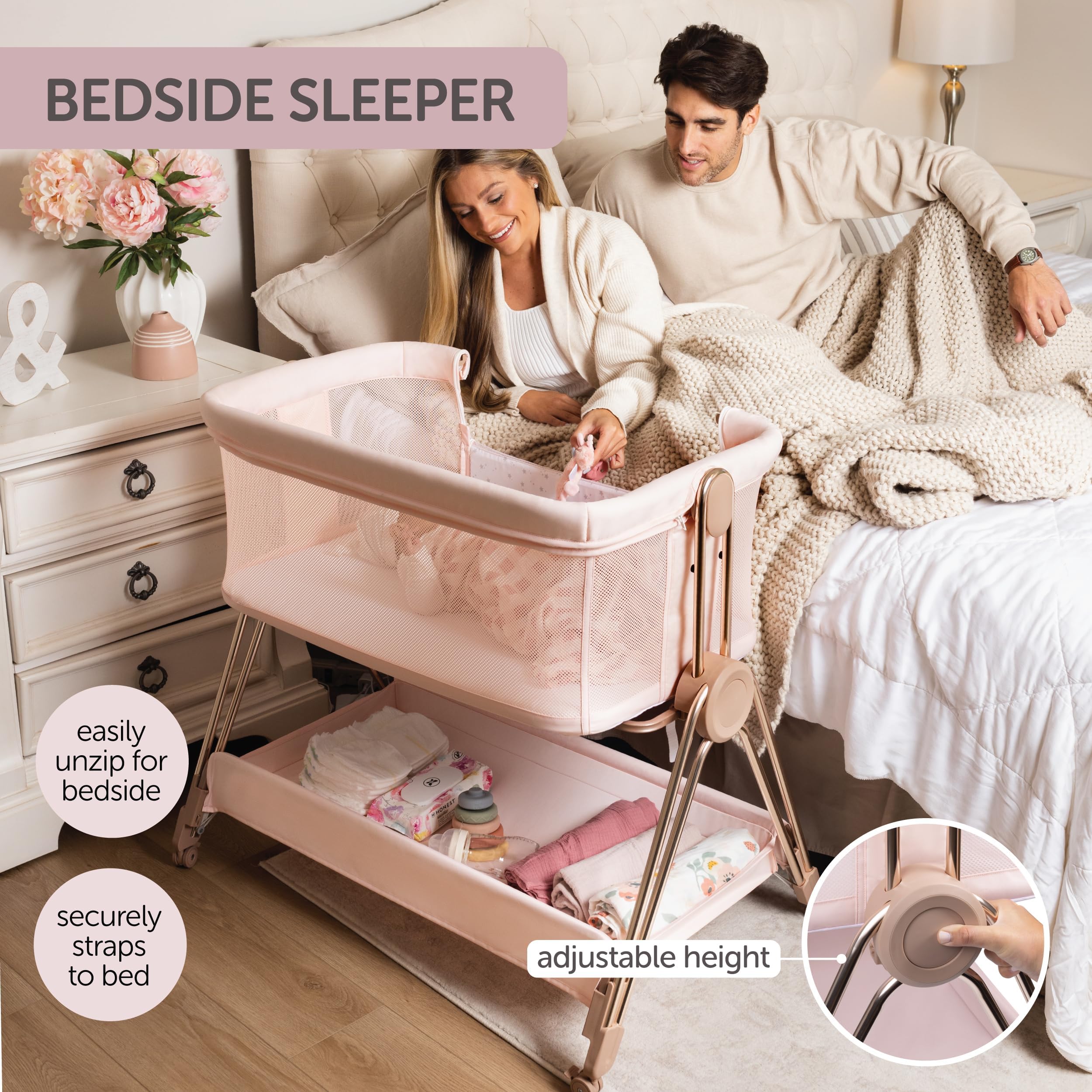 KOOLABABY folded bedside sleeper with travel bag for trips.