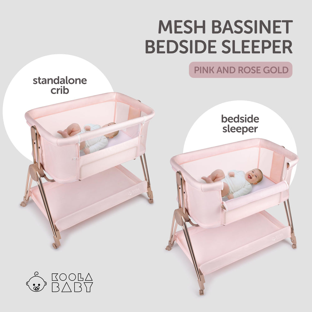 KOOLABABY bedside sleeper with mesh sides showing visibility and airflow.
