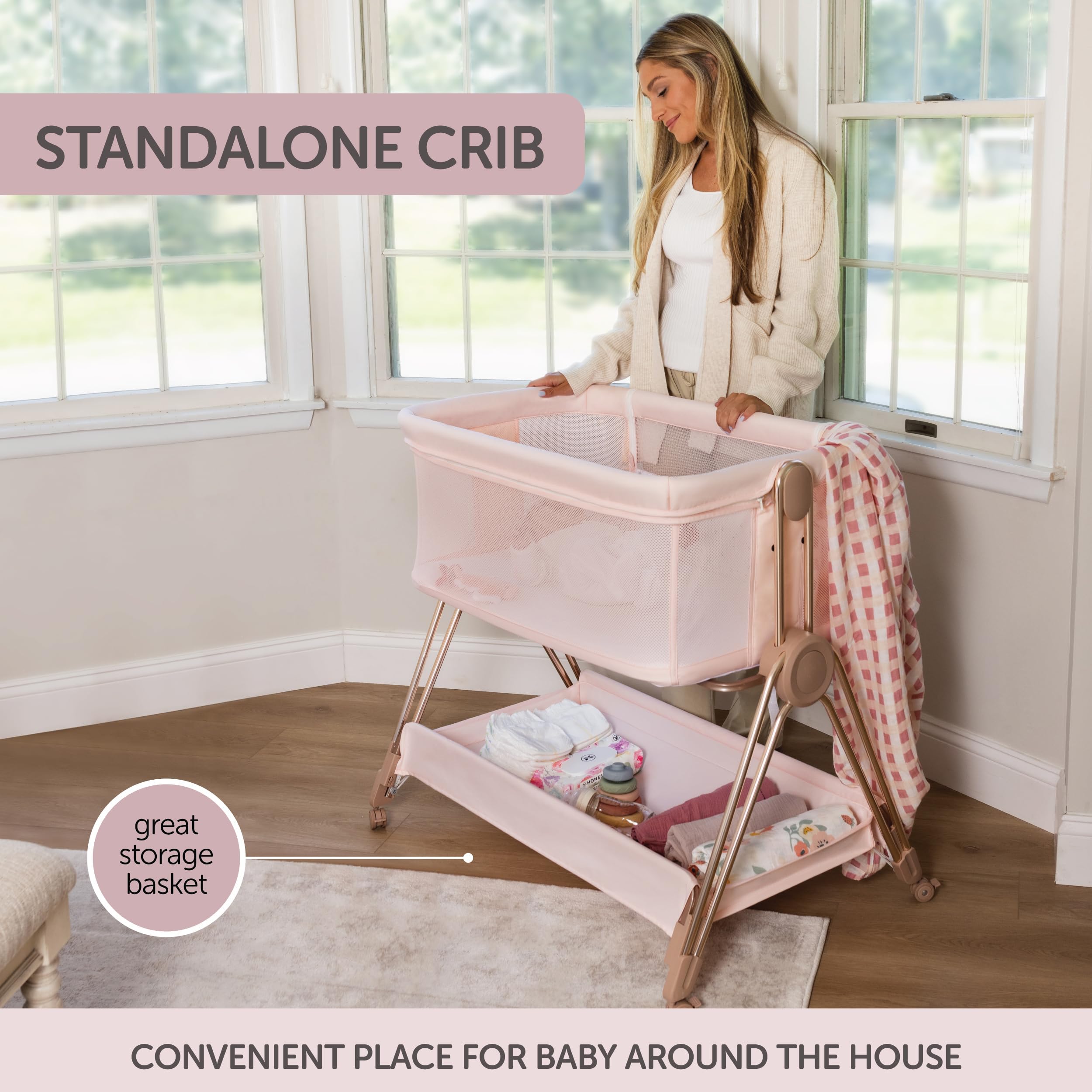 KOOLABABY bedside sleeper storage basket holding baby essentials.
