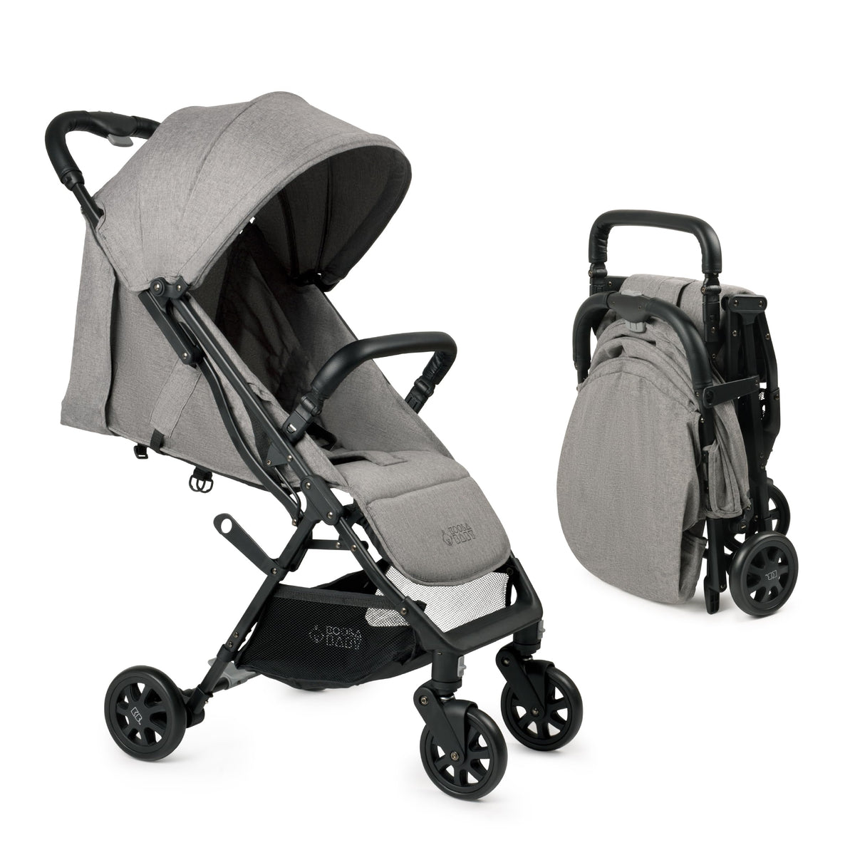 KOOLABABY lightweight travel stroller grey shows easy one-hand fold for quick transitions.