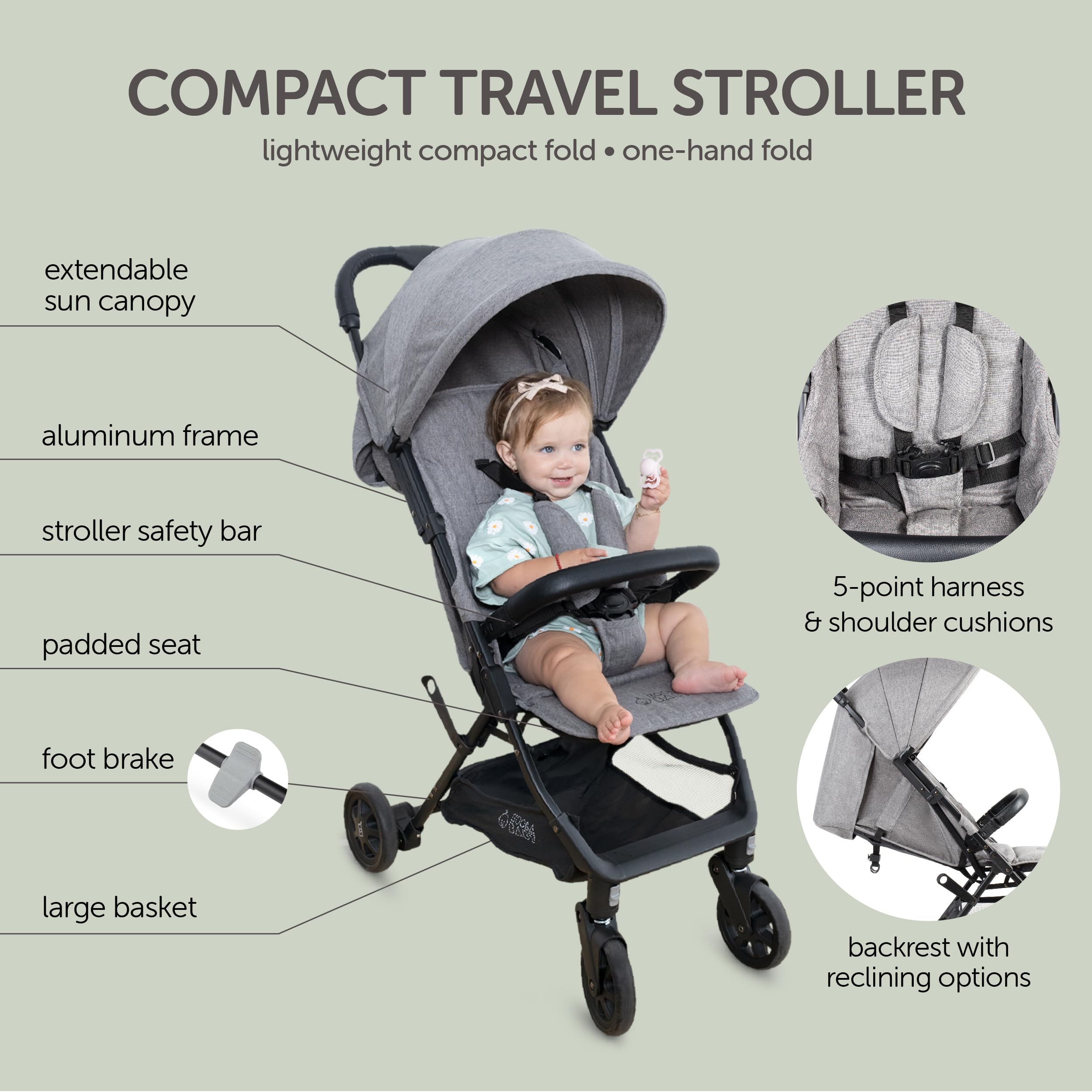 KOOLABABY grey travel stroller demonstrates multiple reclining positions for comfort.
