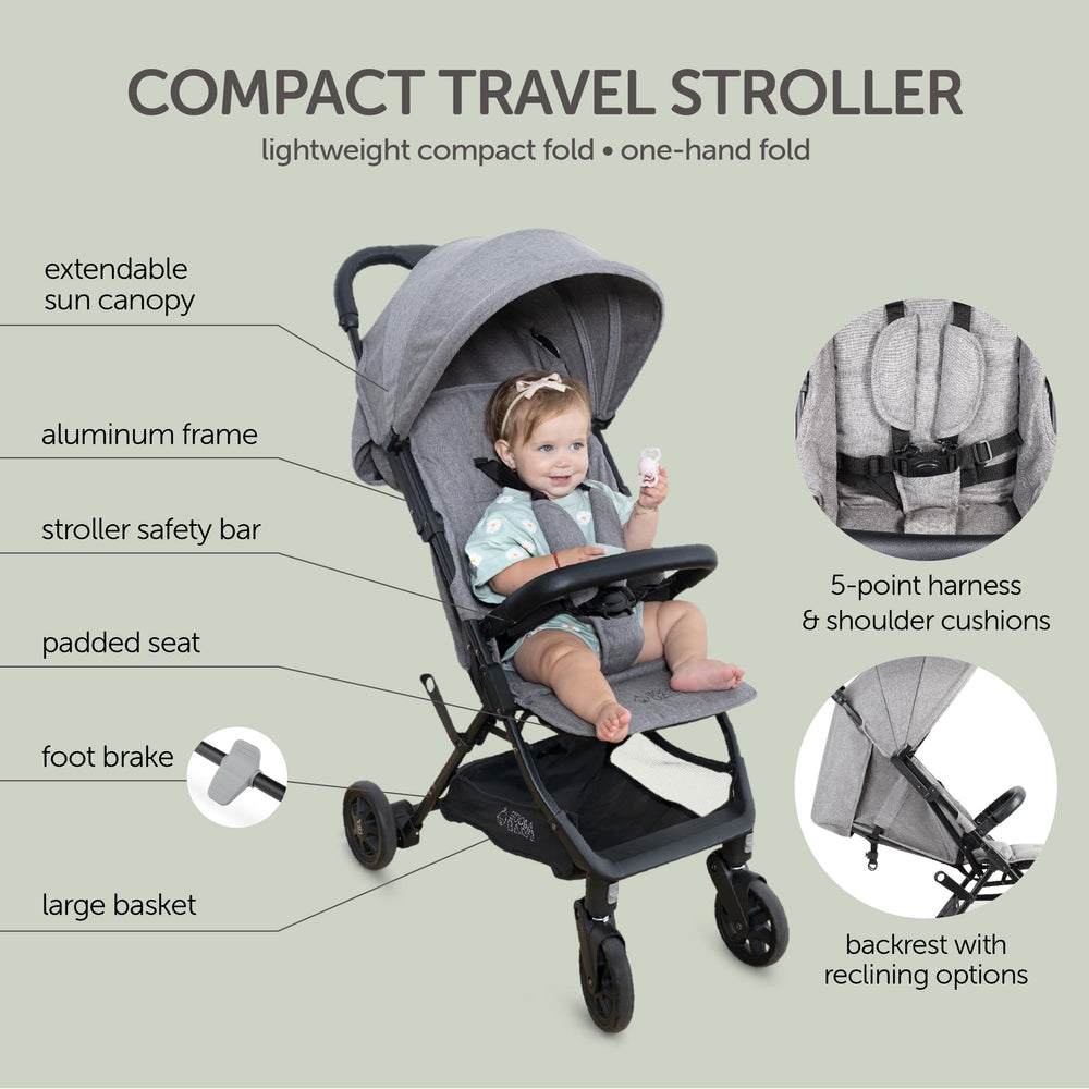 KOOLABABY grey travel stroller demonstrates multiple reclining positions for comfort.